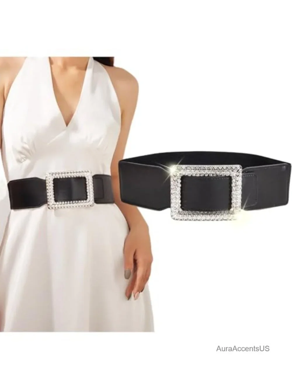 Wide Elastic Rhinestone Buckle Belt Stretchy Adjustable Waist Belt for Dresses